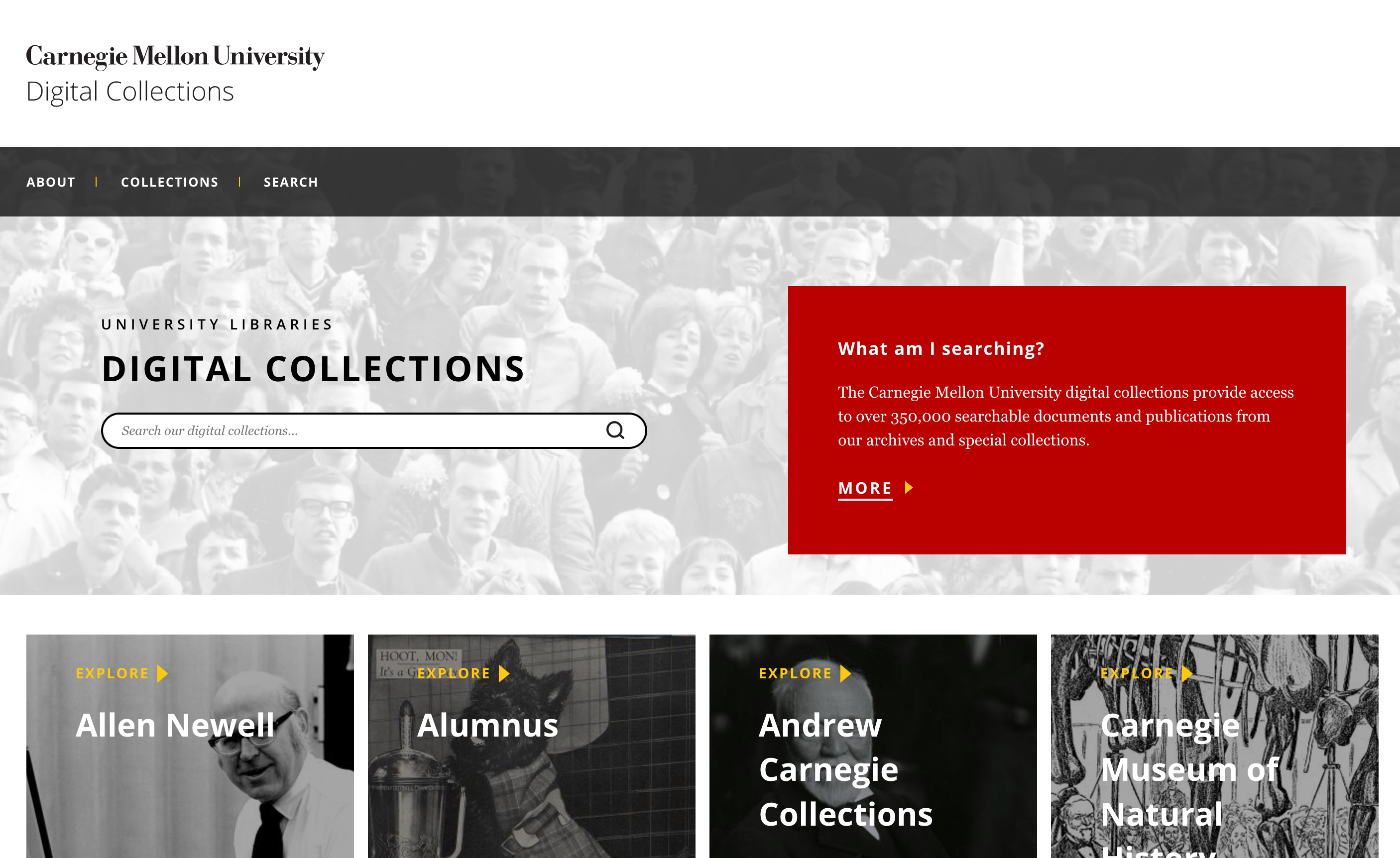 Homepage of Carnegie Mellon University Libraries Digital Collections platform