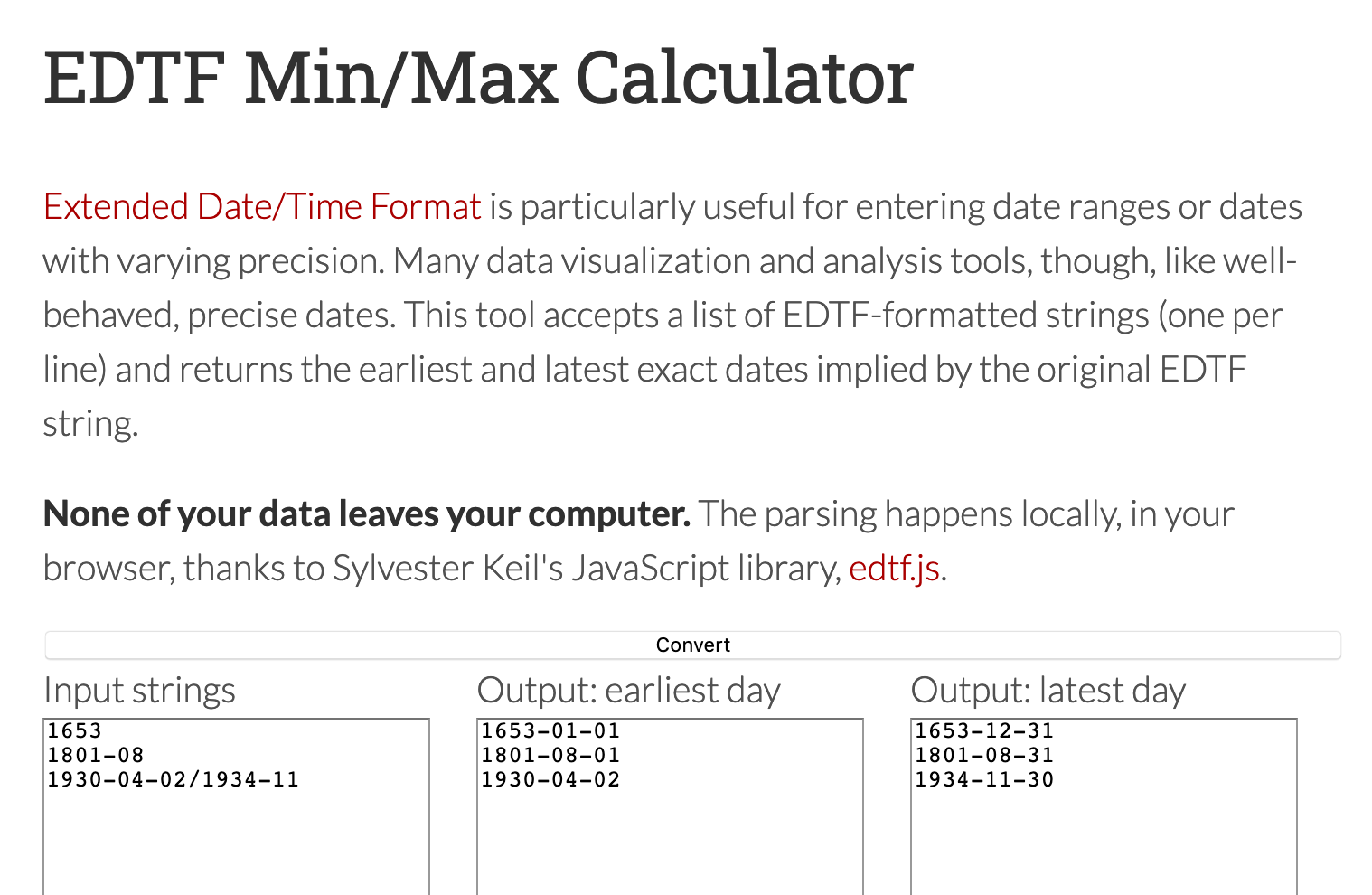 A screenshot of the EDTF min/max calculator