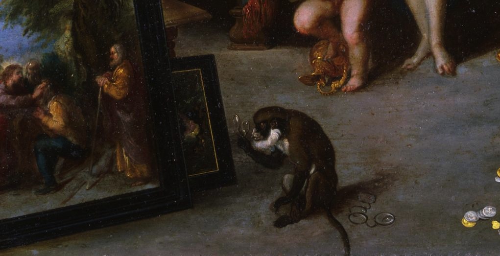 Jan Brueghel the Younger, detail of _Allegory of Sight (Venus and Cupid in a Picture Gallery_, c. 1660, Oil on copper. [Philadelphia Museum of Art (Cat. 656)](http://www.philamuseum.org/collections/permanent/102459.html)