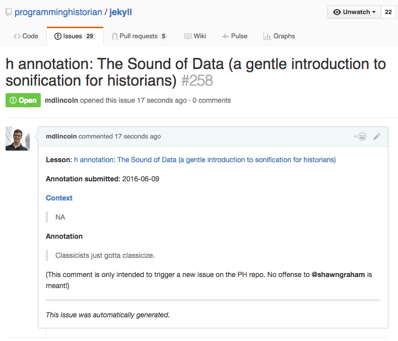 The auto-generated issue includes the title of the lesson annotated, the highlighted text, as well as the text of the annotation itself, with a link to the annotation _in context_ on the lesson page.