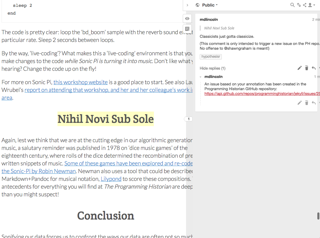 A response annotation is generated with a link to the new GitHub issue.