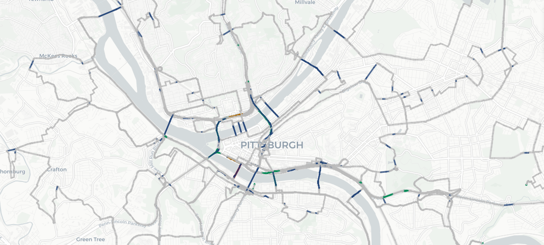 A map showing a route over all the bridges of Pittsburgh