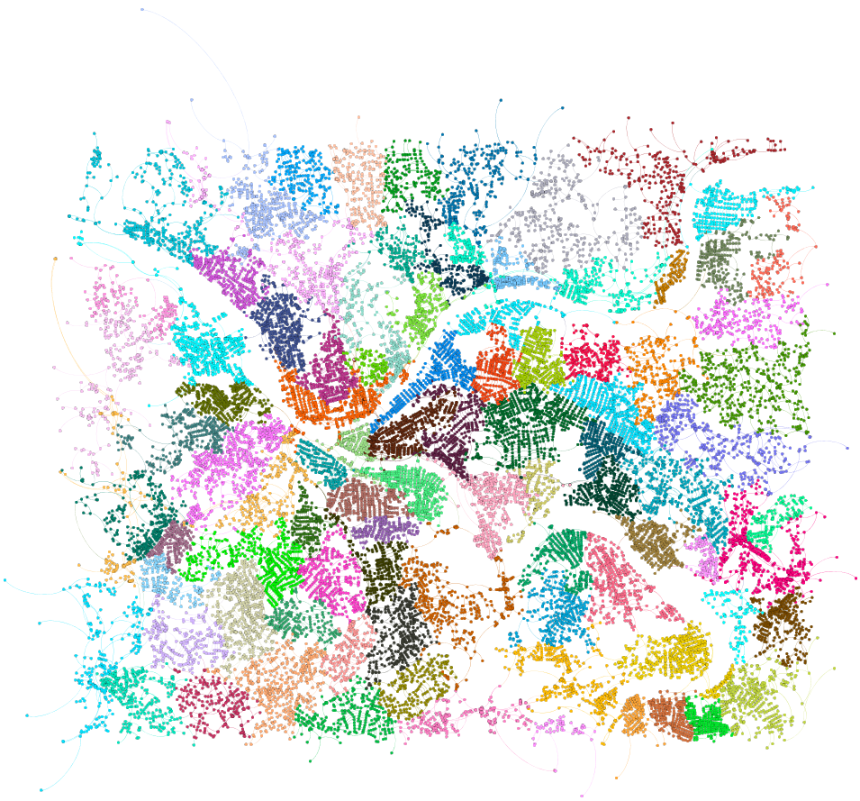 Community detection visualization on the Pittsburgh road network