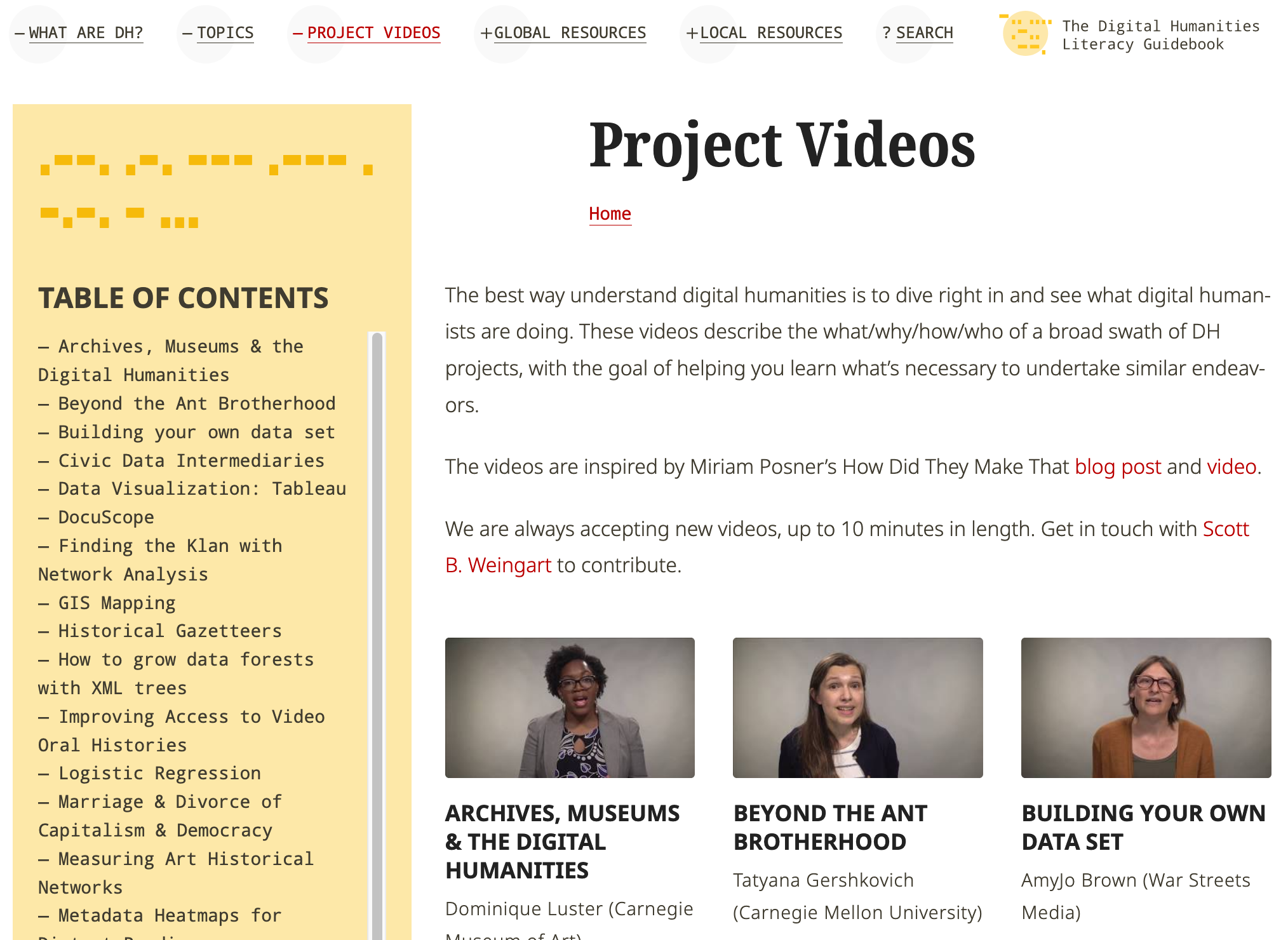 The project videos page of the Digital Humanities Literacy Guidebook