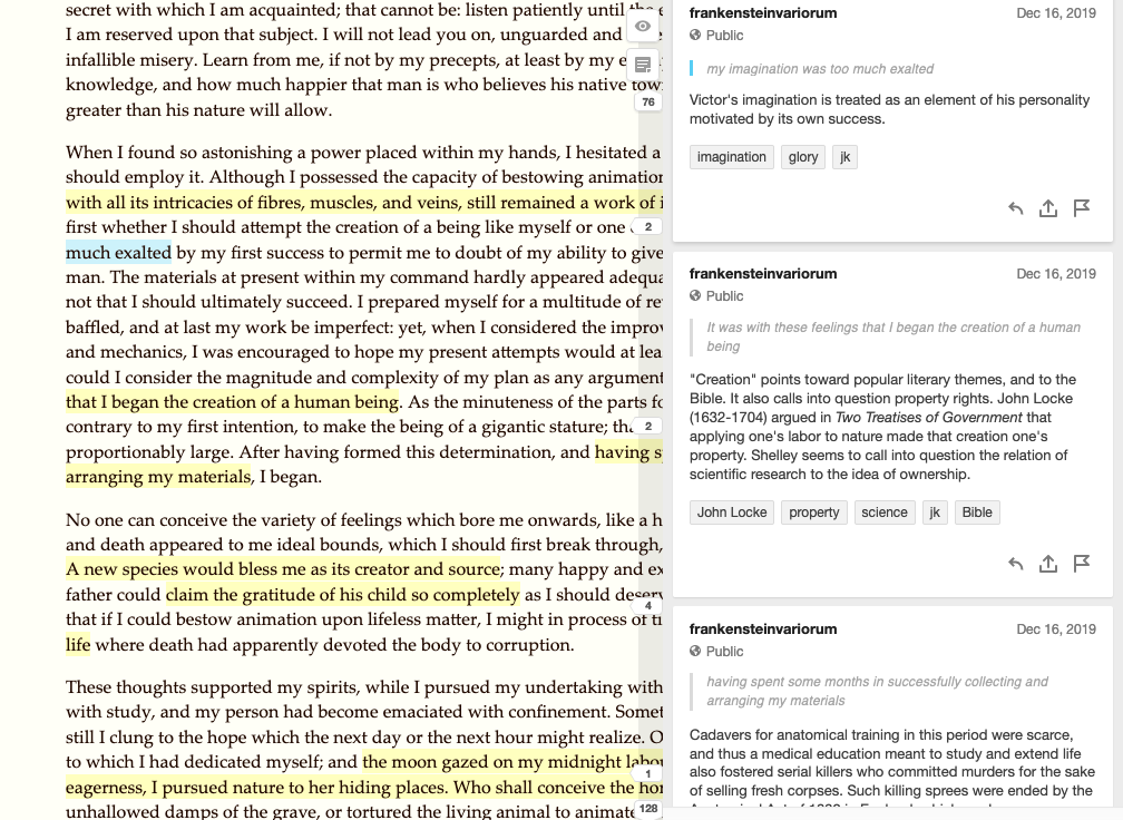 A screenshot of the hypothes.is annotation interface on the 1818 HTML edition of the novel.