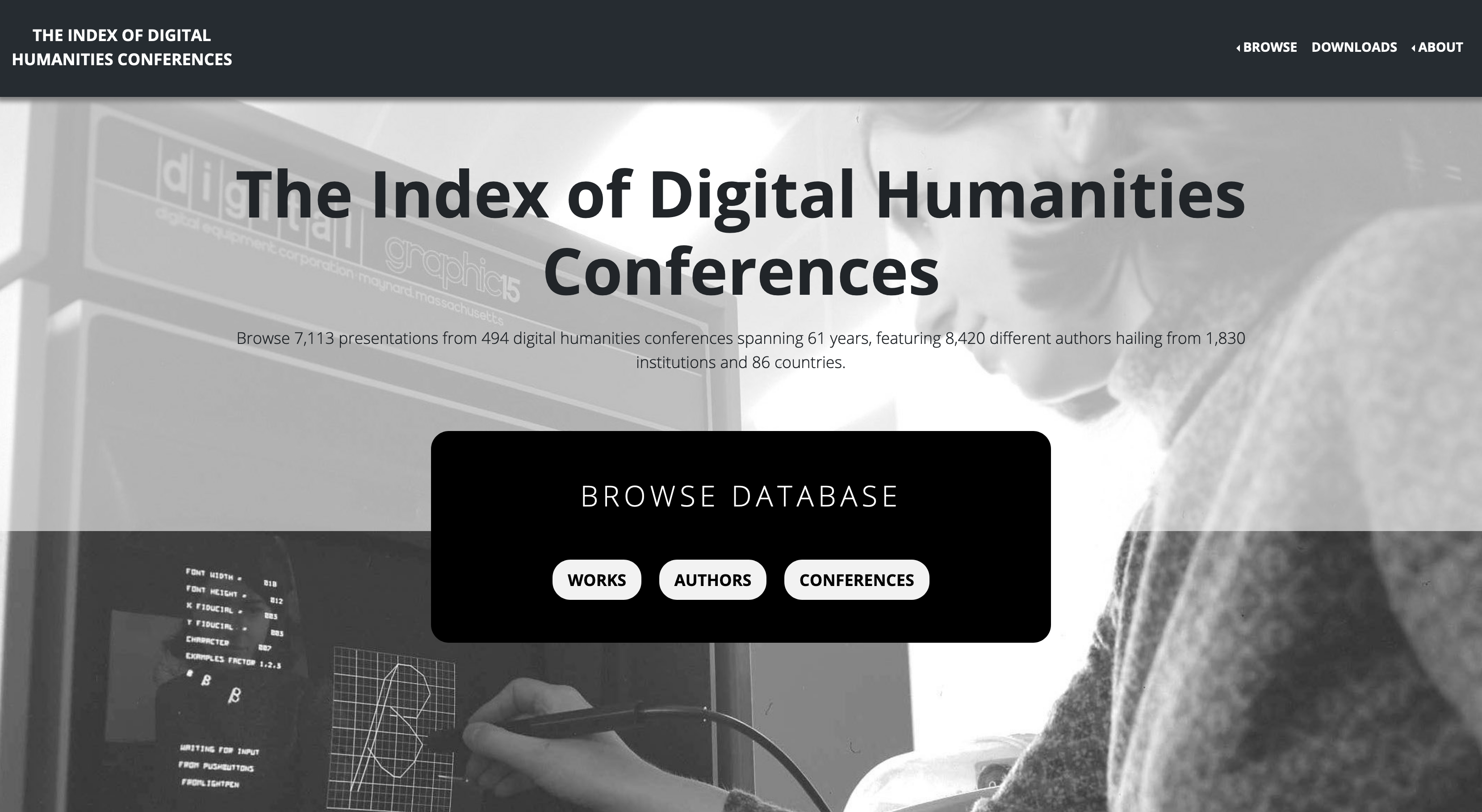 The homepage of The Index of Digital Humanities Conferences