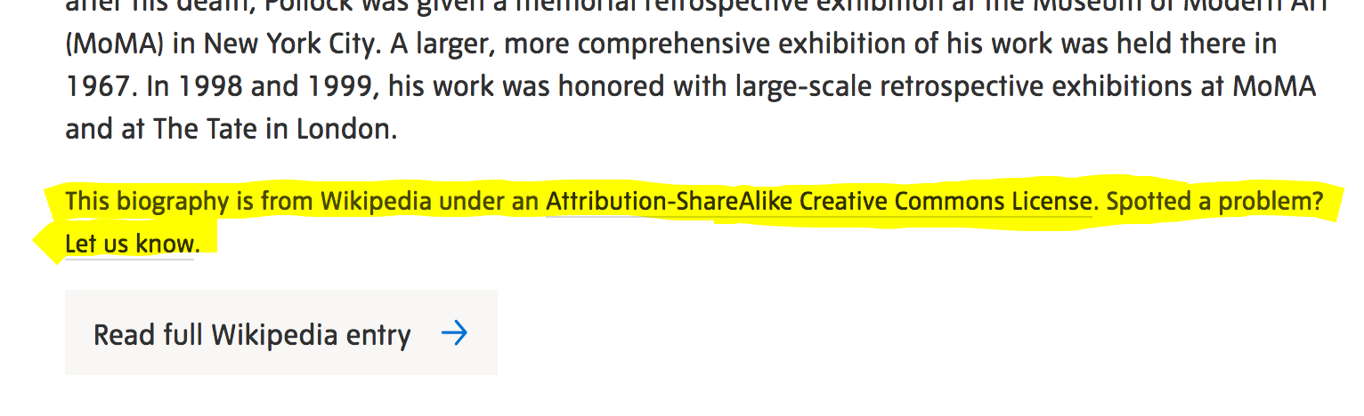 A screenshot of the Tate's citation of Wikipedia [on an overview web page for Jackson Pollock](https://www.tate.org.uk/art/artists/jackson-pollock-1785).